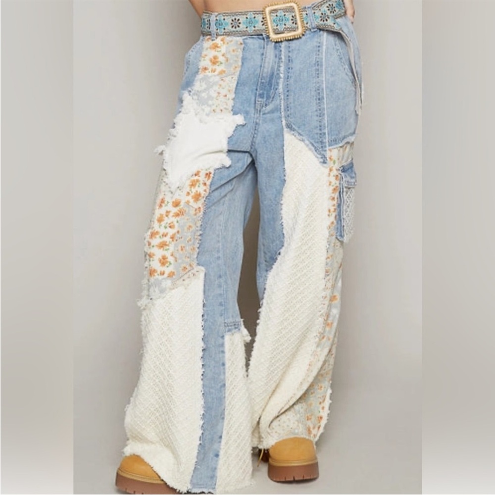 POL Light Blue & Cream Patchwork Wide-Leg Jeans